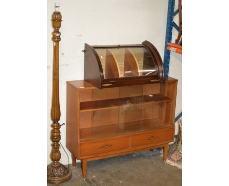 TEAK GLASS FRONTED BOOKCASE, MAHOGANY CORNER WALL CABINET &amp; STANDARD LAMP WITH SHADE     