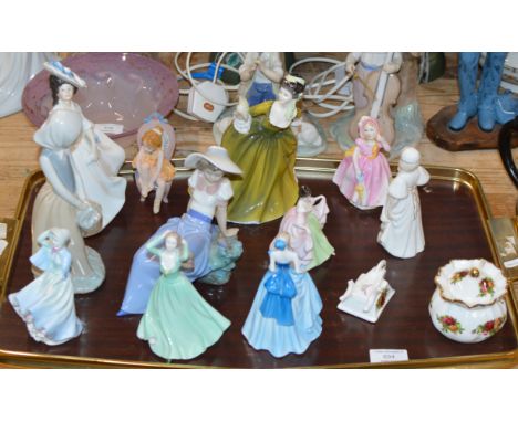 TRAY WITH VARIOUS FIGURINE ORNAMENTS, ROYAL DOULTON, NAO ETC     