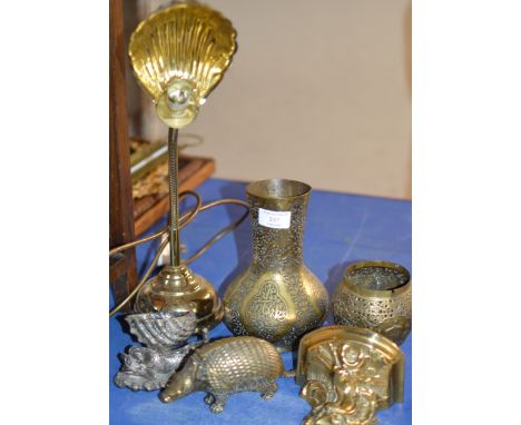 2 EASTERN BRASS VASES, NOVELTY BRASS ARMADILLO INK WELL (LINERS MISSING), ORIENTAL STYLE WHITE METAL FISH, BRASS WALL SHELF &