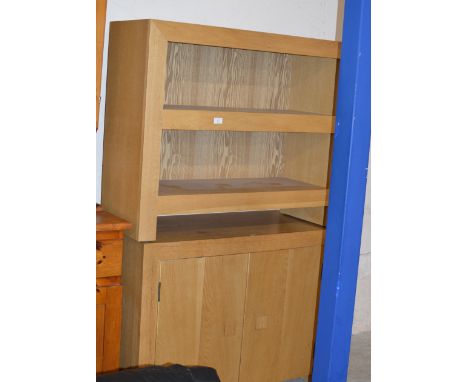 MODERN OAK SHELF UNIT WITH SIMILAR DOUBLE DOOR UNIT     