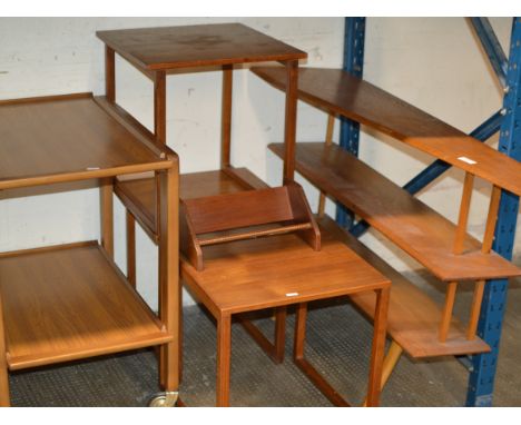 TEAK 3 SHELF UNIT, VARIOUS TEAK TABLES, BOOK TROUGH &amp; TEAK 2 TIER TROLLEY     