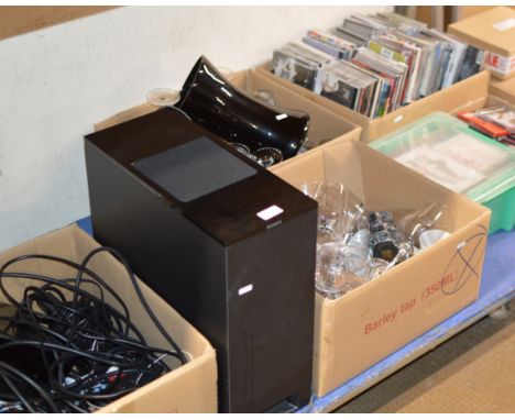 SURROUND SOUND SPEAKER SYSTEM, VARIOUS CDS &amp; DVDS, QUANTITY USING GLASS WARE ETC     