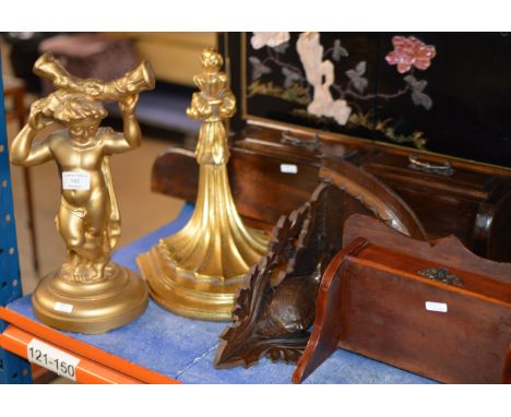 HEAVY GILT FINISHED CHERUB DISPLAY, HEAVY GILT WALL SHELF &amp; 3 OTHER WALL SHELVES     