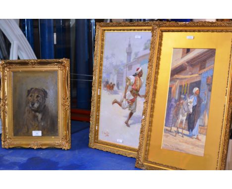 3 VARIOUS GILT FRAMED PAINTINGS &amp; 1 OTHER PICTURE, PORTRAIT OF A DOG, EASTERN SCENE BY TRISTRAM ELLIS ETC