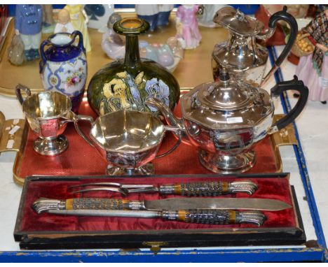 3 PIECE CARVING SET &amp; TRAY WITH EP TEA SERVICE, MOORCROFT STYLE VASE, NORITAKE VASE ETC     