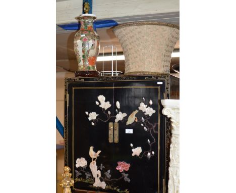 ORIENTAL LACQUERED DOUBLE DOOR CABINET &amp; ORIENTAL TABLE LAMP WITH SHADE     