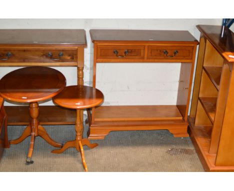 2 REPRODUCTION YEW WOOD HALL TABLES &amp; REPRODUCTION YEW WOOD SHELF UNIT     