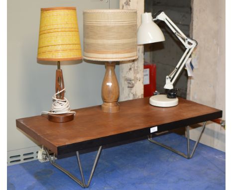 SMALL VINTAGE TEAK OCCASIONAL TABLE, ANGLE POISE DESK LAMP &amp; 2 OTHER LAMPS     