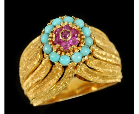 A Ruby and Turquoise Cocktail Ring stamped 750, ring size M