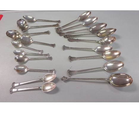 A Pair of Danish silver Serving Spoons, four Dessert Spoons, two Preserve Spoons, Sifting Spoon, Sauce Ladle, five Teaspoons 