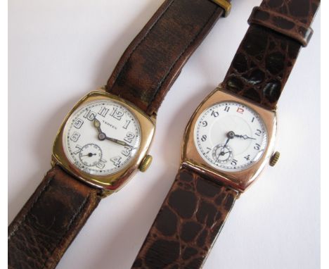 A 1930's Vertex mid-size Wristwatch, the white enamel dial with arabic numerals and subsidiary dial in 9ct gold cushion case 