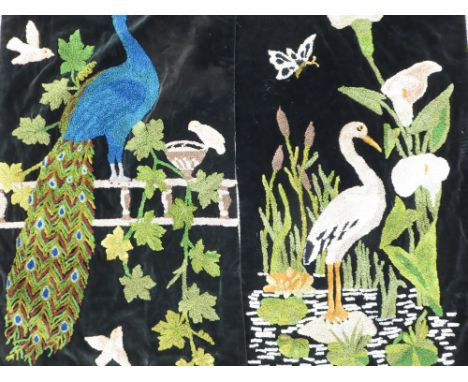 Two chenille work Panels of birds on a black velvet ground and two polychrome carpet work panels. Circa 1910