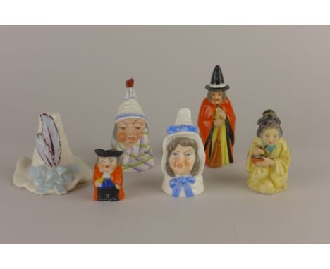 Five Royal Worcester Candle Snuffers including Welsh Woman, head of a Welsh lady, a feathered Hat, a Japanese Woman and a Roy
