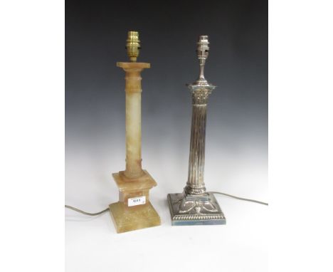 An EPNS Table lamp in form of Pillar Candlestick having corinthian column with urn and swag decoration and an Alabaster Table