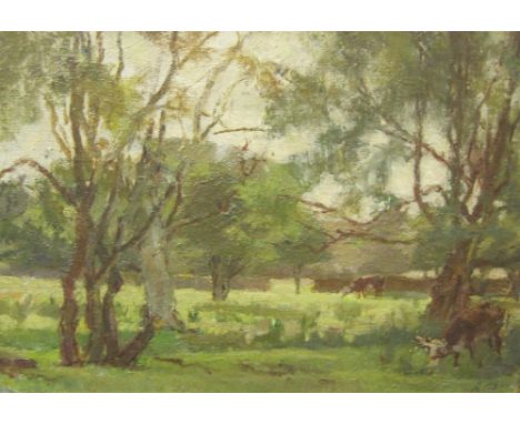 ALAN GWYNNE JONES. Cattle grazing under Trees, Eastleach Turville, Cirencester, oil on board, 7 1/4 x 9 1/2 in; an oil on pan