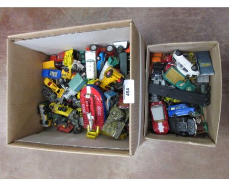 Two boxes of unboxed playworn Dinky, Corgi and other diecast vehicles including Austin Taxi, Jeep FC180, Fire Engine, Caravan