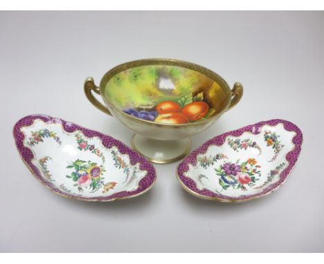 A pair of porcelain oval Dishes floral painted in bright enamels, scale pink border, 10in, probably Samson, and a two handled