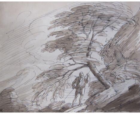 THOMAS BARKER OF BATH. A wooded landscape with a figure under a tree, signed with initials, pen and ink sketch, unframed, 6 1