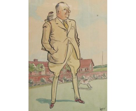 MEL. 'A racing man'- a portrait caricature of a country gentleman , wearing a hunting jacket and breeches, a club house beyon