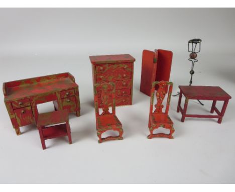 A group of red and gold painted Tiny-Toy Dolls House Furniture including a pair of Queen Anne style side chairs, a flower pai