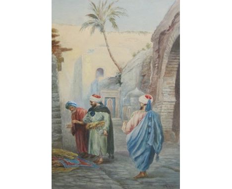 P. FULCHI. Eastern Carpet Sellers on a Street, signed, watercolour,17 x 11 1/2 in