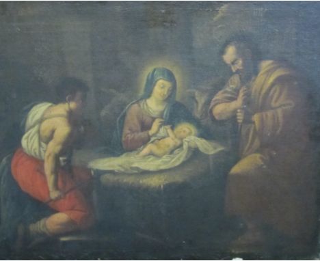ITALIAN SCHOOL. Mary and Joseph with The Infant Christ, oil on canvas, 30 x 38 in; an oil painting by another hand depicting 