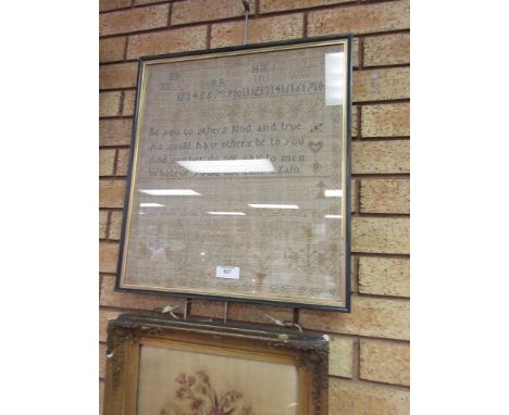 A cross stitch sampler 'Be you to others kind and true', etc, worked by Ann aged 11 years 1884. Blue and light brown. Framed 