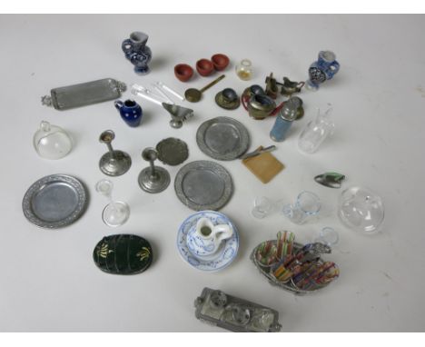 Dolls House items: A German metal and glass Cruet, blue and white jug and basin, a set of six striped tumblers in a metal sta