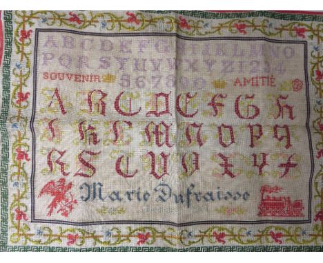 'Souvenir Amitie', a polychrome on canvas Sampler with a steam engine and bird, edged with red ribbon. Worked by Marie Dufrai