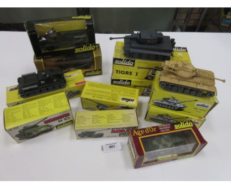 Eleven boxed Solido Military Vehicles including "Patton" Tank, Char Russe Tank, Lance Mousse Tank, Half Tank, Tiger 1 Tank an