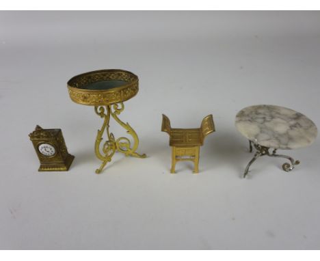 Dolls House Furniture including a gilt mantel clock, a round table for plants, piano stool and a small marble topped occasion