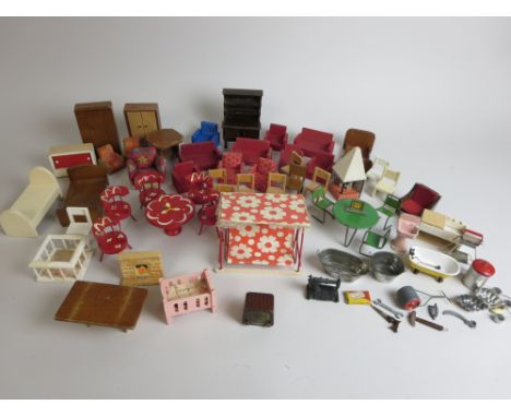 Dolls House Furniture including art deco style metal chairs, garden roller, metal baths, garden swing, sets of Marx plastic f
