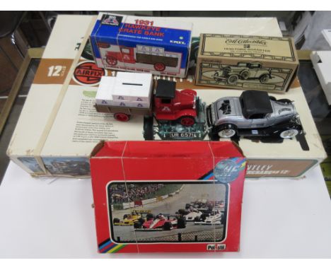 A boxed Ertl 1931 Hawkeys Crate Bank and a 1930 Ford Roadster, two boxed Polistic Racing Cars and an Airfix 1/12th scale Bent