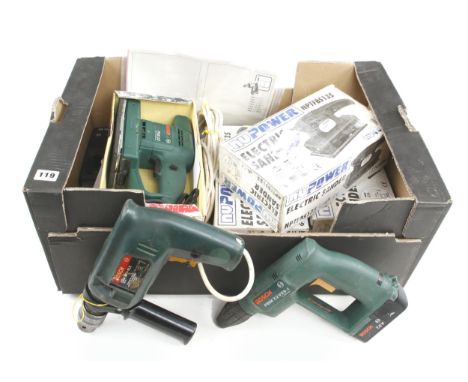 Three unused NUTOOL sanders in orig boxes, two BOSCH drill and another sander 240V Pat tested 