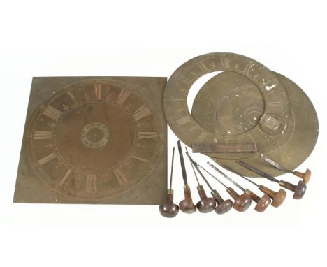 Two part made brass clock faces and 10 engraving tools G 