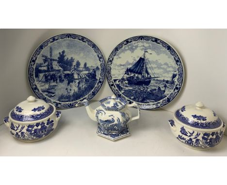 2x Large Delft Plates - 38cm Diameter, Pair of Willow Tureens, Woods Yuan Teapot and Stand 