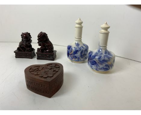 Pair of Foo Dogs, Pair of Small Lidded Jars, Wooden Box Trinket Box 