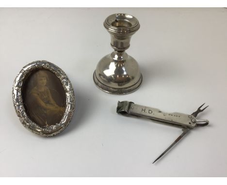 Small Silver Photo Frame Birmingham 1900, Candlestick Birmingham 1918 and Cigar Cutter Birmingham 1904 
