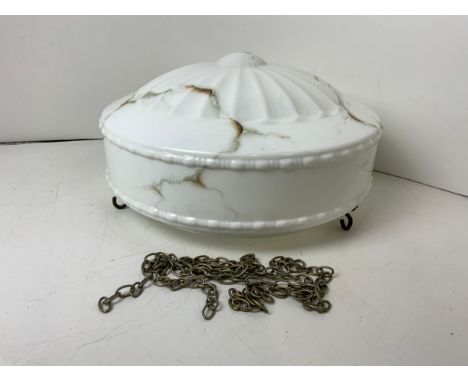 Large Antique Lightly Marbled White Glass Ceiling Light Shade with Chains 