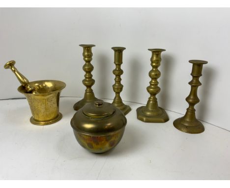 Brass Pestle and Mortar, Candlesticks and Lipton's Tea Caddy 
