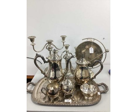 A Plated Table Gong, together with further platedware including two twin branch candelabra, four piece Oneida plated tea set,