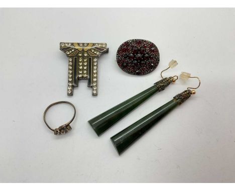 A Pair of Jade Coloured Hardstone Drop Earrings, of tapered form with decorative surmount, on later gilt coloured hooks, toge