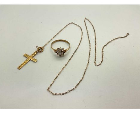 A 9ct Gold Cross Pendant, of foliage design, suspended on a dainty fine link chain stamped "9ct" (damages), together with a 9