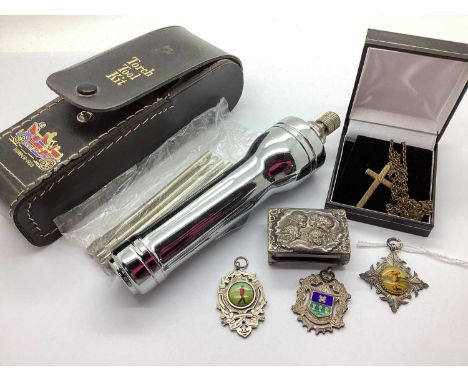 Two Hallmarked Silver Medallion Pendants, each applied to the centre, detailing a golfer at full swing; another medallion pen