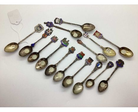 A Collection of Assorted Hallmarked Silver and Enamel Souvenir Teaspoons, including Woburn Abbey, Chester, Luzern, Canterbury