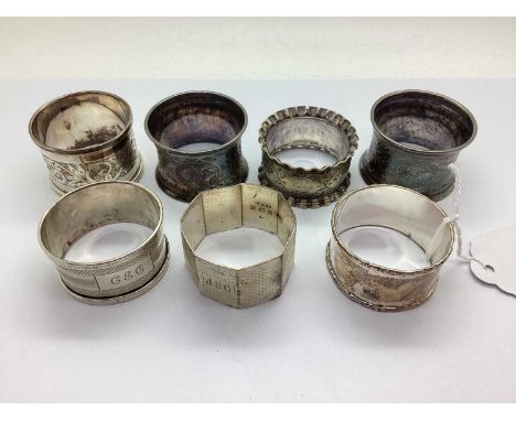 A Collection of Hallmarked Silver Napkin Rings, Art Deco engine turned design, Victorian hallmarked, wavy rim, foliage design