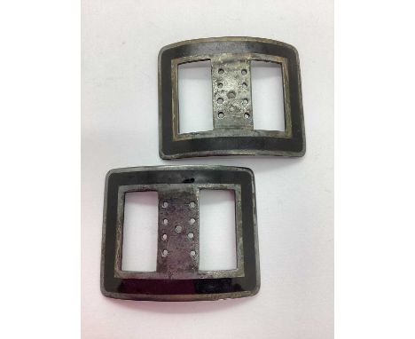 A Pair of Antique Style Enamel Inlaid Buckles, of rectangular form with black enamel centre band, verso stamped "STERLING" "P