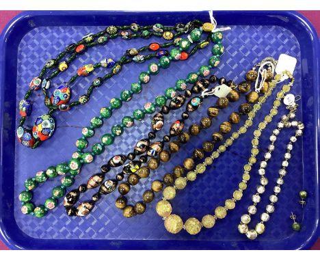 A Collection of Vintage Beaded Necklaces, including Millefiori style, cloissone enamel, polished hardstone, pressed glass, fo
