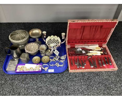 Assorted Platedware, including posy candle holder, decorative small caddy box, novelty napkin rings, assorted cutlery, modern