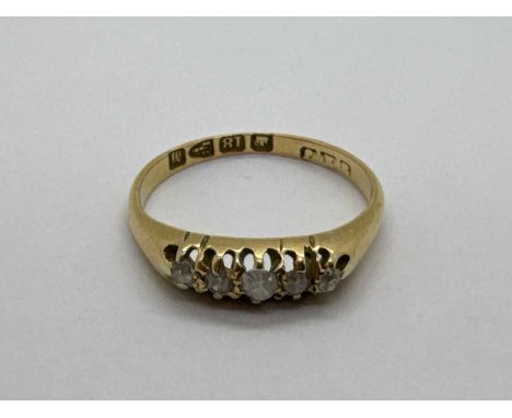 A Victorian 18ct Gold Five Stone Diamond Ring, Chester, of boat form, the brilliant cut diamonds graduated collet set, betwee